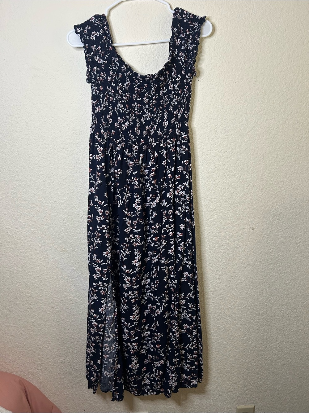 Shein Curve 1X Navy Floral Maxi Dress Pink White Blooms Double Slits Scrunch Top